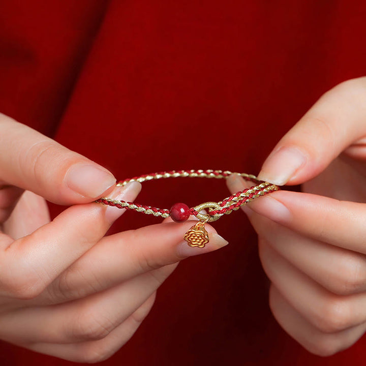 Buddha Stones Handmade 925 Sterling Silver Lotus Cinnabar Gold Bead Blessing Braid Bracelet