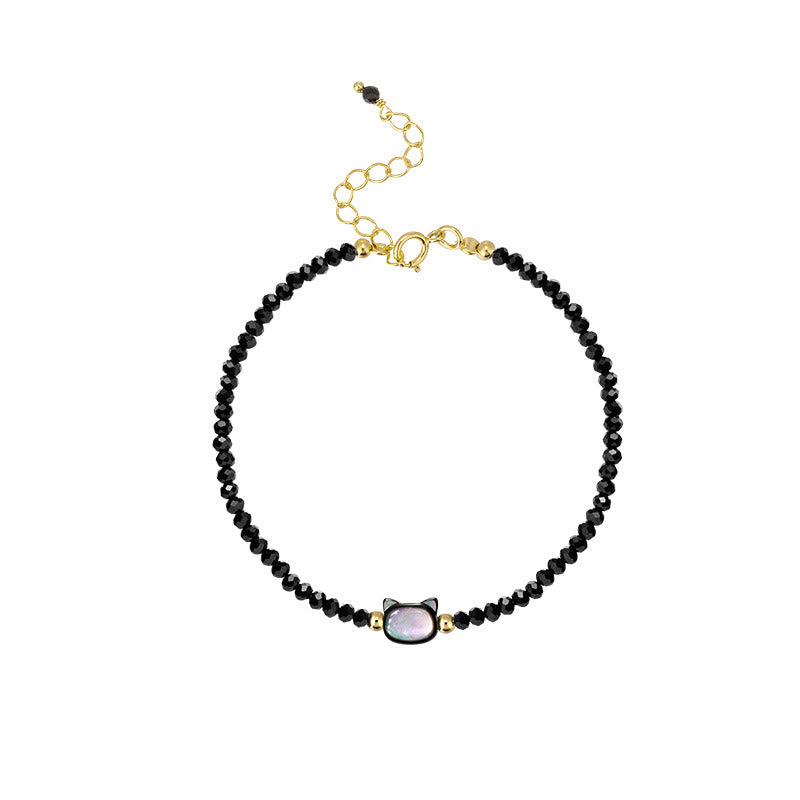 Buddha Stones 14K Gold Plated Black Spinel White Crystal Cute Cat Tridacna Stone Healing Bracelet