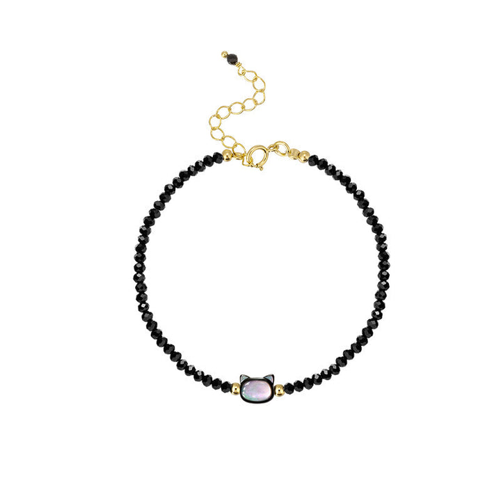 Buddha Stones 14K Gold Plated Black Spinel White Crystal Cute Cat Tridacna Stone Healing Bracelet