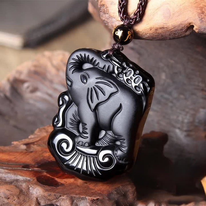 Black Obsidian Elephant Protection String Necklace Pendant Key Chain