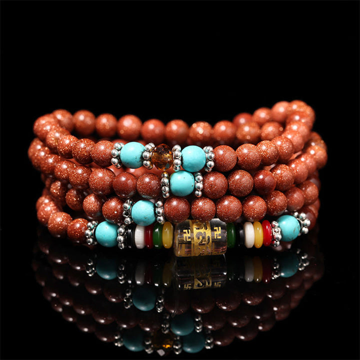 Buddha Stones 108 Mala Beads Goldstone Om Mani Padme Hum Swastika Confidence Bracelet