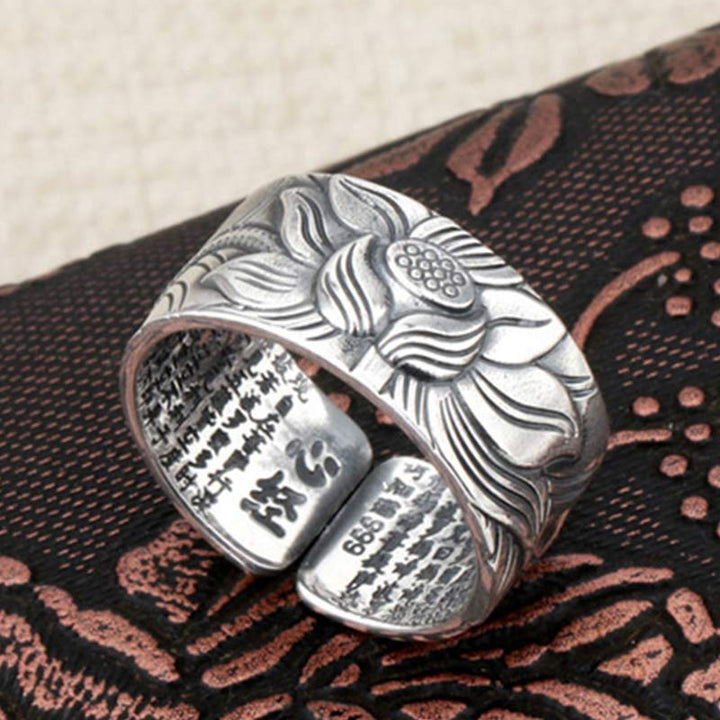 999 Sterling Silver Lotus Symbol Heart Sutra Protection Ring