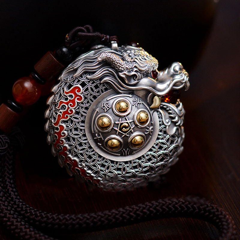 Buddha Stones 999 Sterling Silver Year of the Dragon Rotatable Ball Five Elements Copper Coin Strength Hanging Decoration