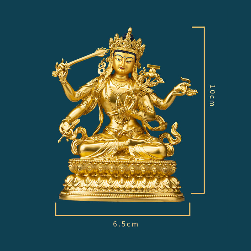 Four-armed Manjusri Bodhisattva Gold Figurine Compassion Serenity Copper Statue Home Decoration