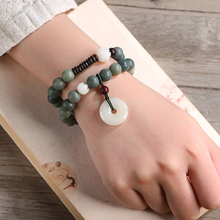 Cyan Bodhi Seed Lotus Jade Peace Buckle Wisdom Double Wrap Bracelet