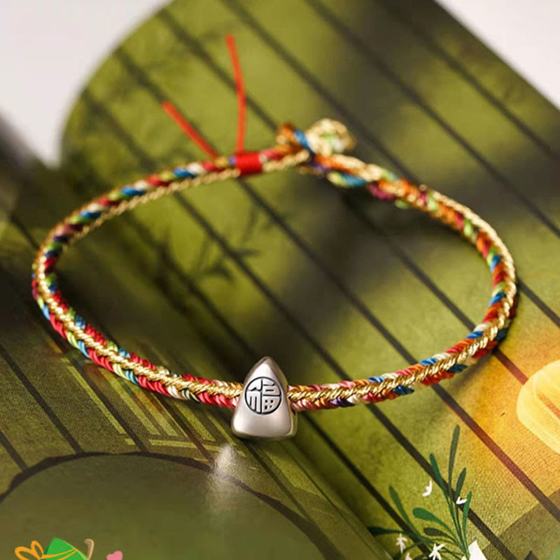 Buddha Stones 925 Sterling Silver Fu Character Zongzi Pattern Multicolored String Luck Handmade Braided Bracelet