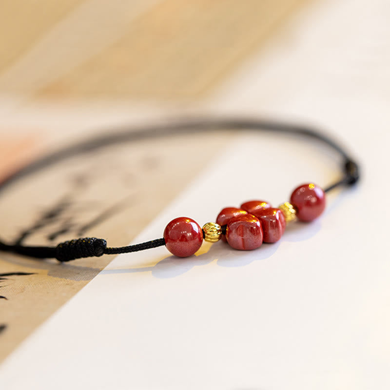 Buddha Stones Four Leaf Clover Cinnabar Blessing Calm String Bracelet Anklet