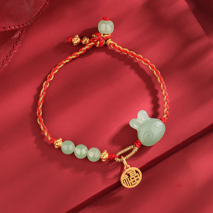 925 Sterling Silver Year of the Rabbit Hetian Jade Happiness Luck Red String Bracelet