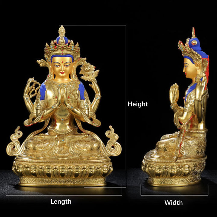 Chenrezig Four-armed Avalokitesvara Protection Copper Gold Plated Statue Decoration