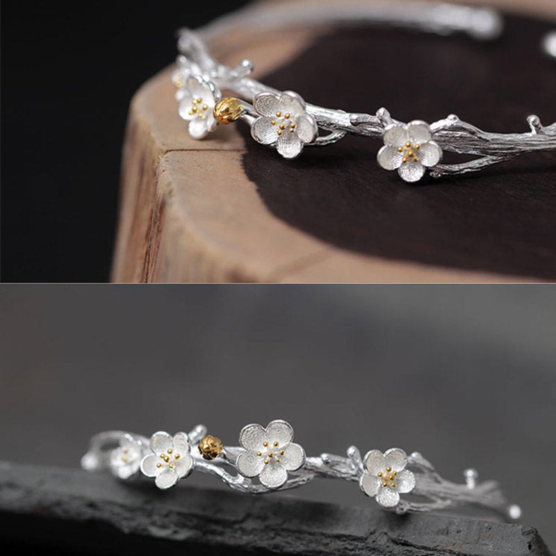 925 Sterling Silver Plum Flower Blessing Bracelet Adjustable Bangle