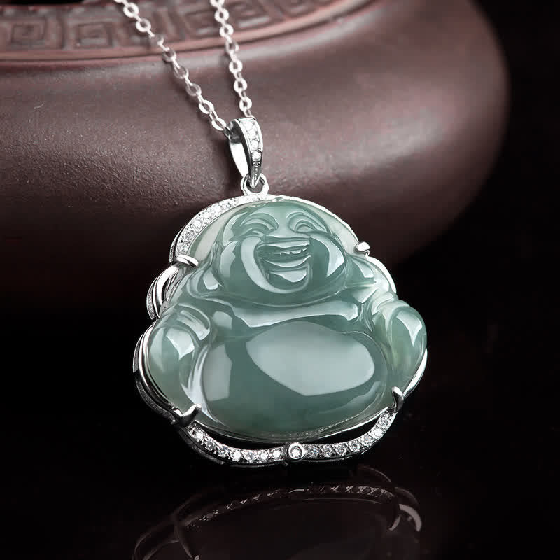 925 Sterling Silver Laughing Buddha Natural Jade Luck Necklace Chain Pendant