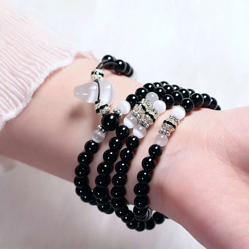 Black Onyx White Crystal Bead Meditation Bracelet