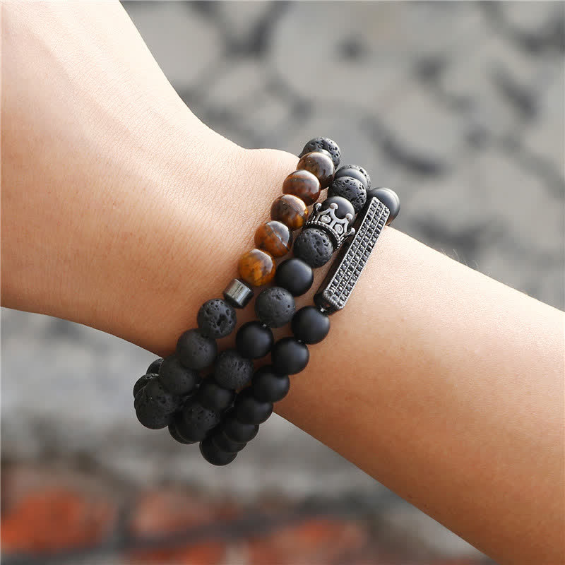 Buddha Stones 3Pcs Frosted Stone Lava Rock Tiger Eye Activate Bracelet