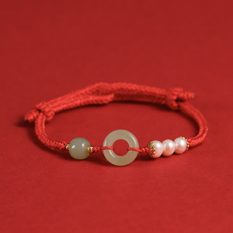 Buddha Stones Natural Hetian Jade Pearl Peace Buckle Luck Bracelet