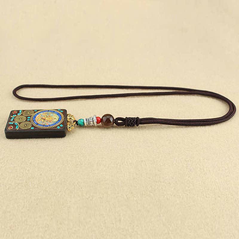 Buddha Stones Tibet God of Wealth Thangka Ebony Peace Necklace Pendant