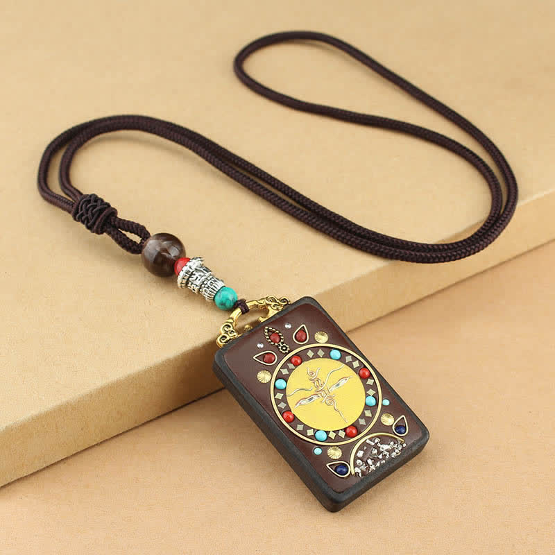 Buddha Stones Tibet God of Wealth Thangka Ebony Peace Necklace Pendant