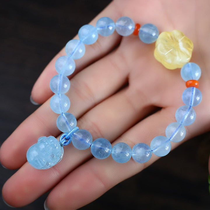 Natural Aquamarine Amber Pixiu Peace Healing Charm Bracelet