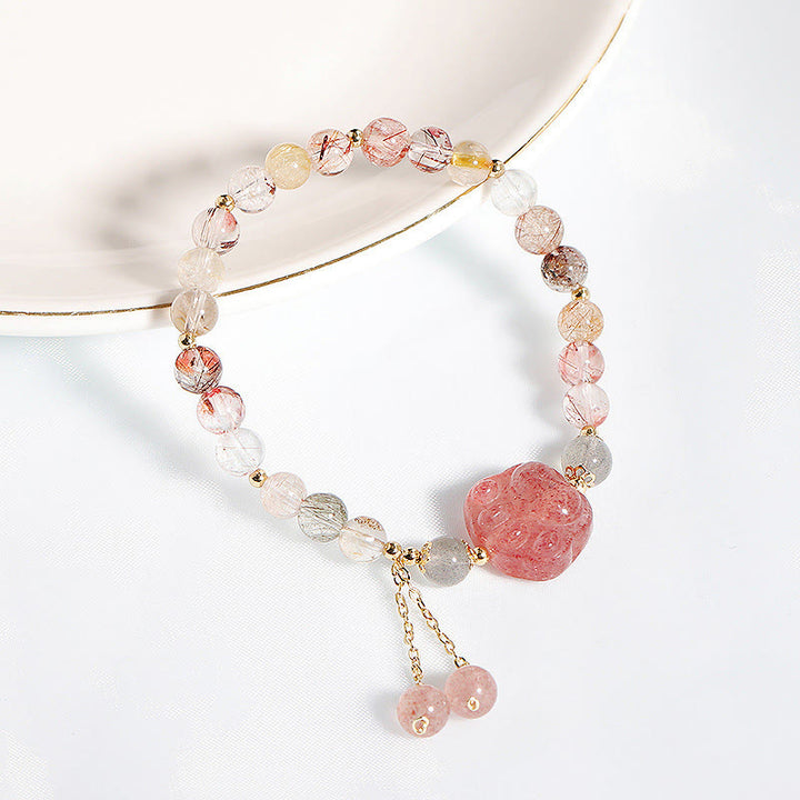 Buddha Stones Natural Strawberry Quartz Cat Paw Claw Colorful Rutilated Quartz Moonstone Love Bracelet