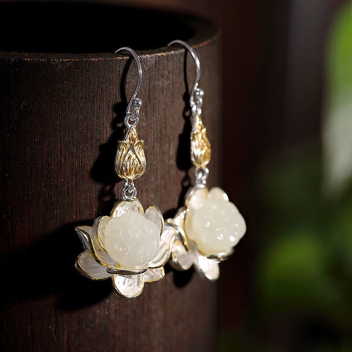 Buddha Stones White Jade Protection Harmony Drop Earrings