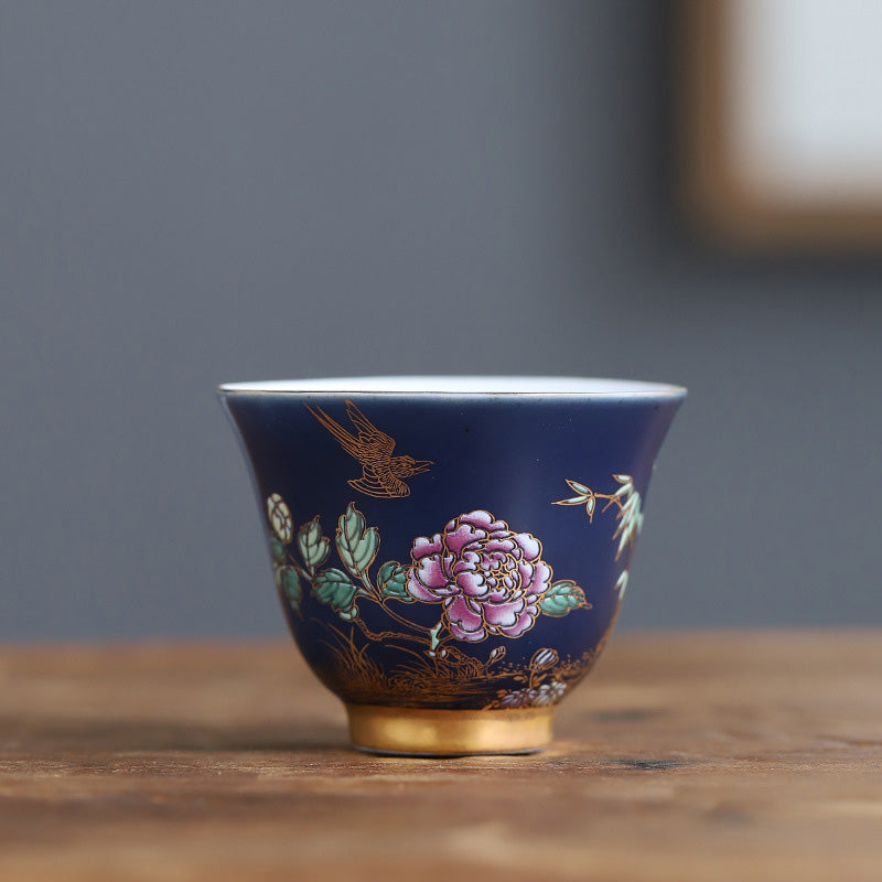 Buddha Stones Golden Magpie Peony Flower Ceramic Teacup Kung Fu Tea Cup