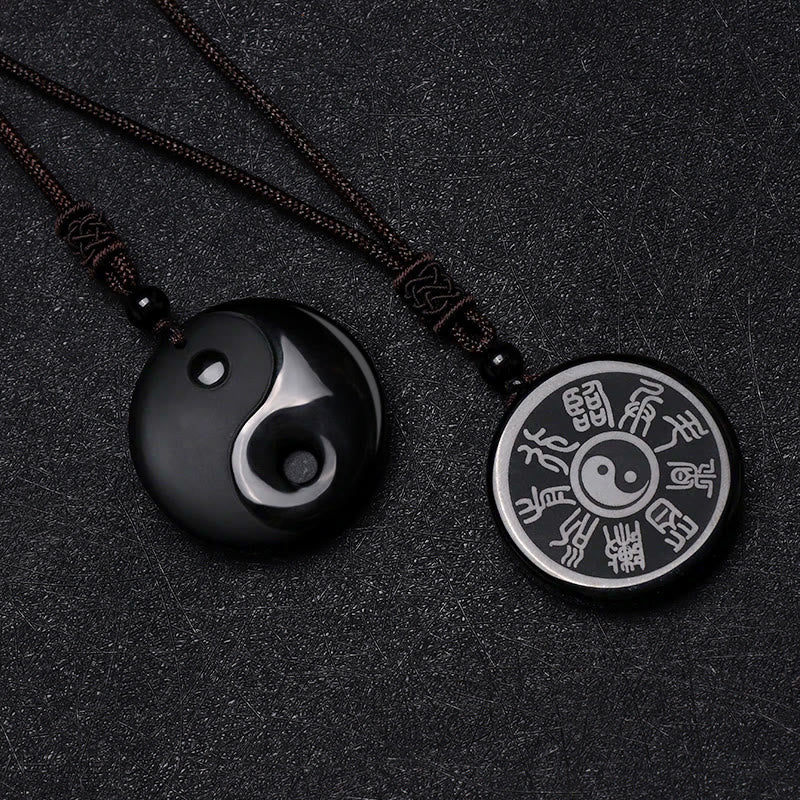 Buddha Stones Black Obsidian Taoism Five Sacred Mountains Nine-Character Mantra Carved Purification Yin Yang Necklace Pendant