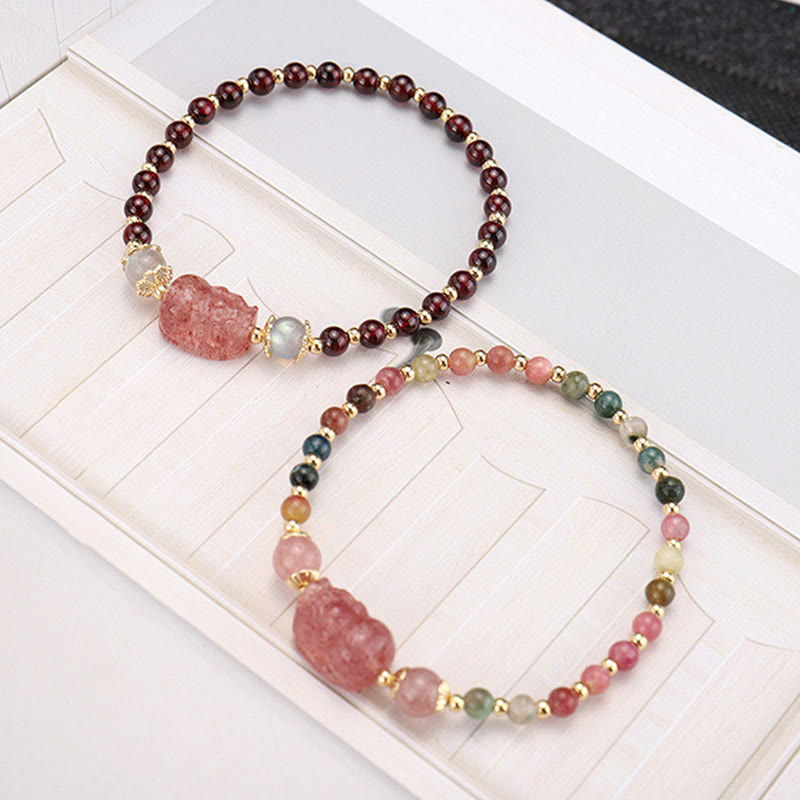 Buddha Stones Natural Tourmaline Garnet Strawberry Quartz PiXiu Moonstone Protection Bracelet