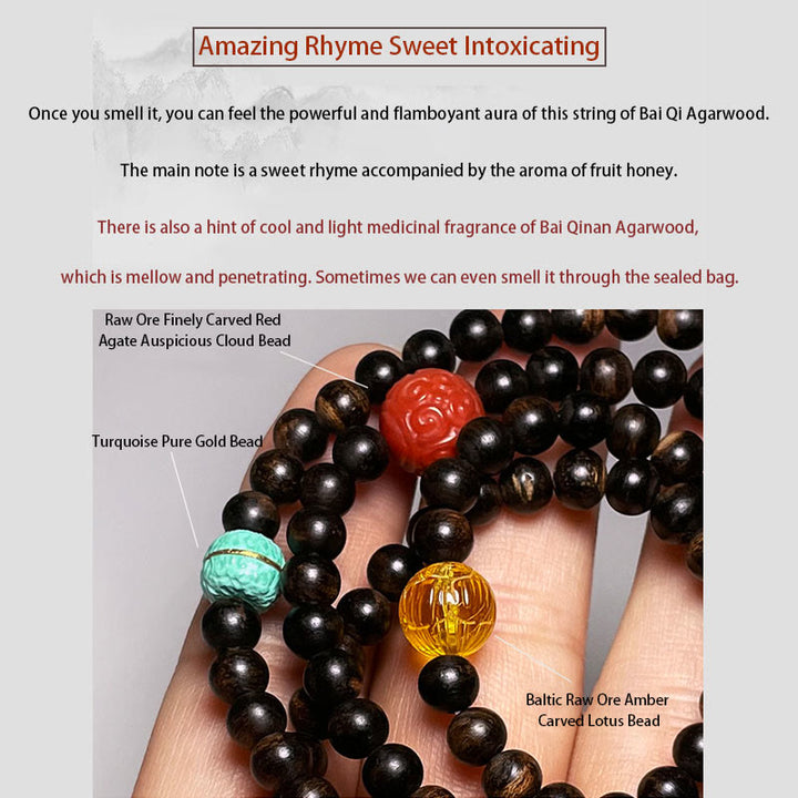 Buddha Stones Nha Trang Bai Qinan Agarwood Turquoise Amber Red Agate Strength Meditation Bracelet