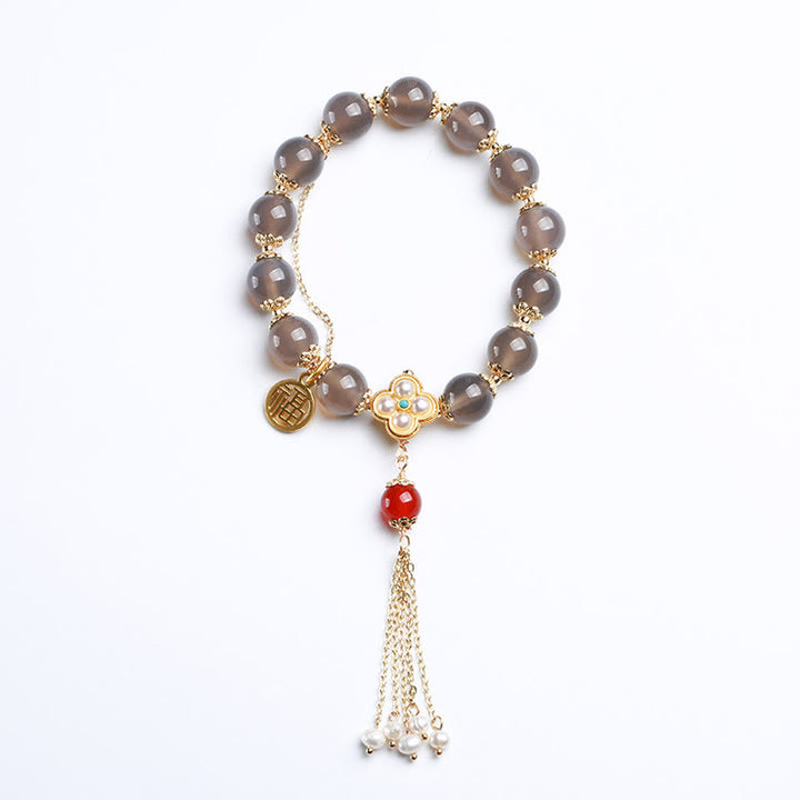 Buddha Stones Natural Gray Agate Fu Character Pearl Tassel Balance Bracelet