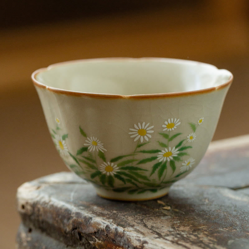 Buddha Stones Peach Blossom Daisy Flower Ceramic Teacup Kung Fu Tea Cups