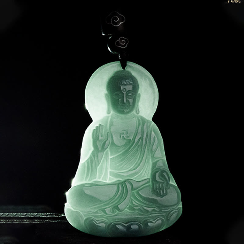 Buddha Stones Amitabha Buddha Natural Jade Lotus Amulet Compassion String Necklace Pendant