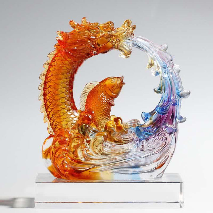 Feng Shui Dragon Koi Fish Handmade Liuli Crystal Art Piece Home Office Decoration