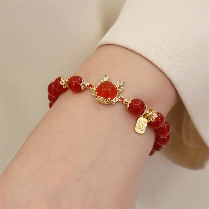 Buddha Stones Year of the Dragon Red Agate Jade Peace Buckle Fu Character Success Bracelet