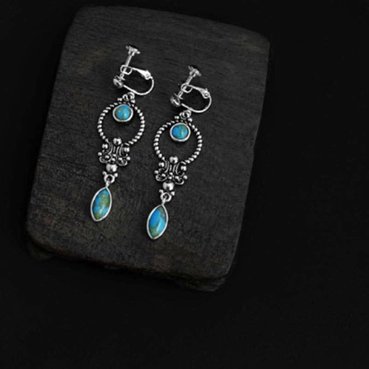 925 Sterling Silver Vintage Turquoise Waterdrop Pattern Balance Drop Dangle Earrings