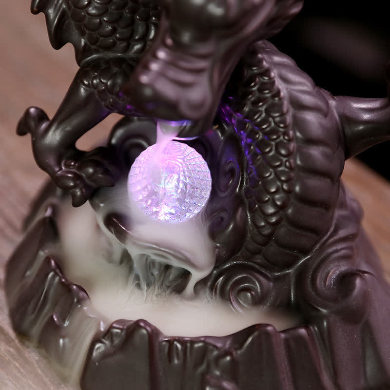 Auspicious Dragon Ceramic Backflow Smoke Fountain Meditation Healing Incense Burner Led Ball Decoration