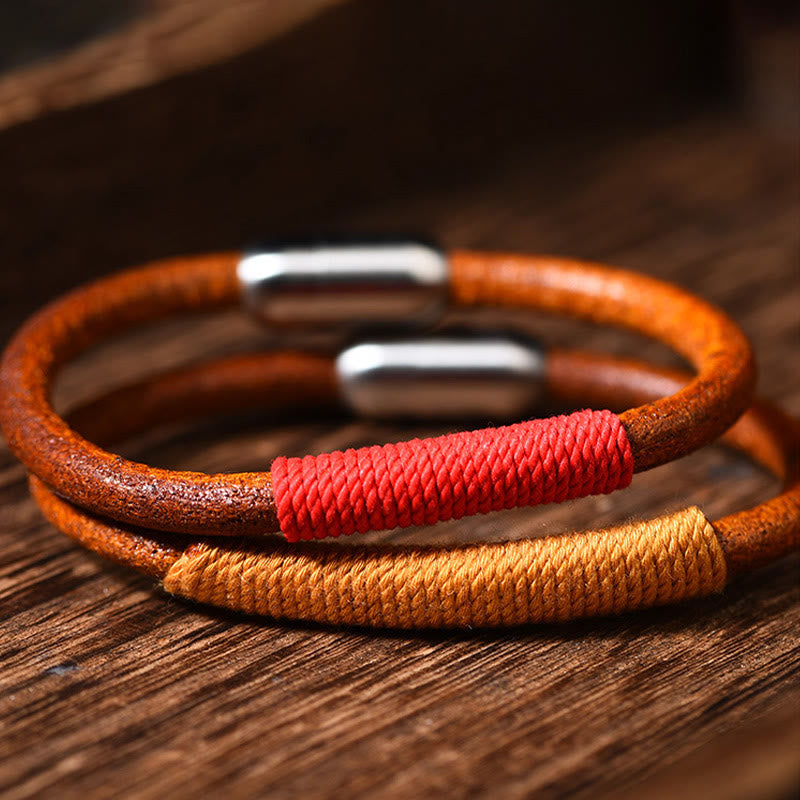 Buddha Stones Tibetan Leather Handmade Five Elements Luck Braid String Buckle Bracelet