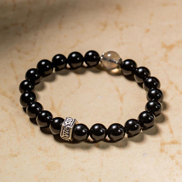 Chinese Zodiac Natal Buddha 925 Sterling Silver Black Obsidian Moonstone Strength Bracelet