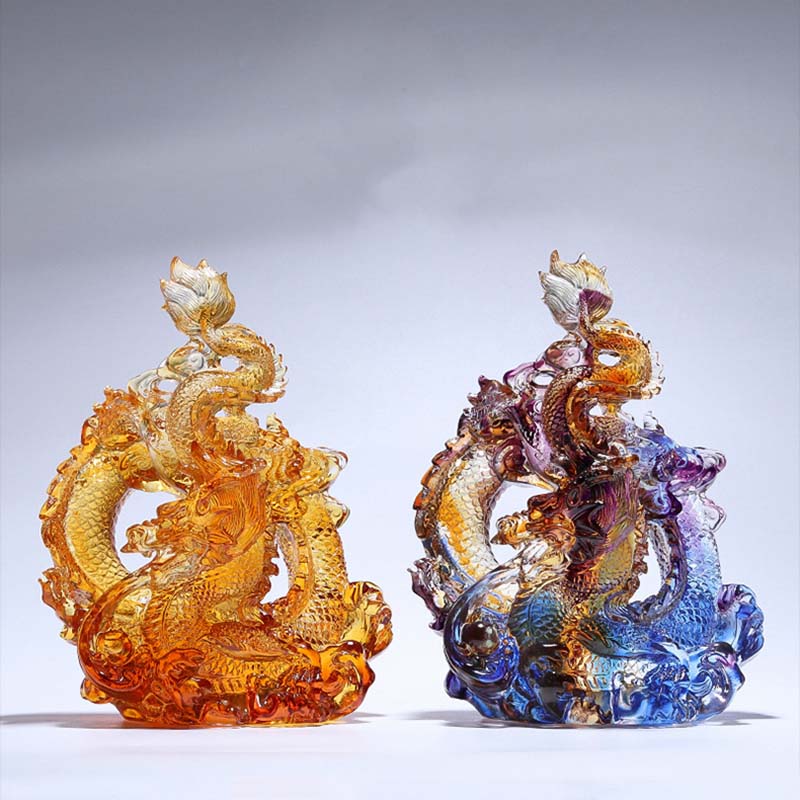 Buddha Stones Year of the Dragon Handmade Liuli Crystal Art Piece Protection Home Office Decoration With Base