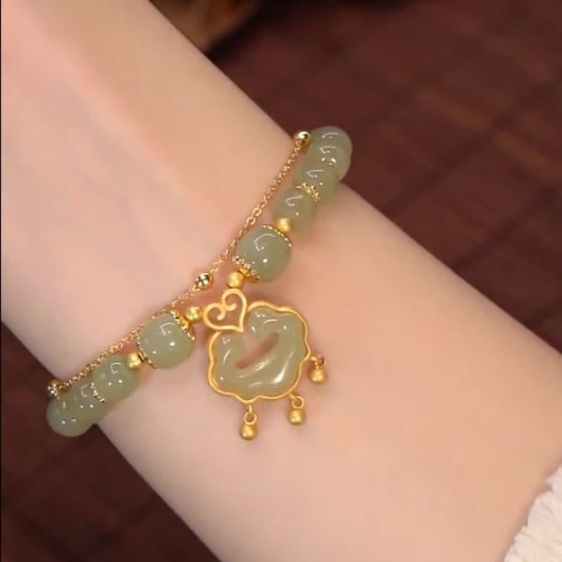 14K Gold Plated Natural Hetian Jade Wish Lock Bell Chain Bracelet
