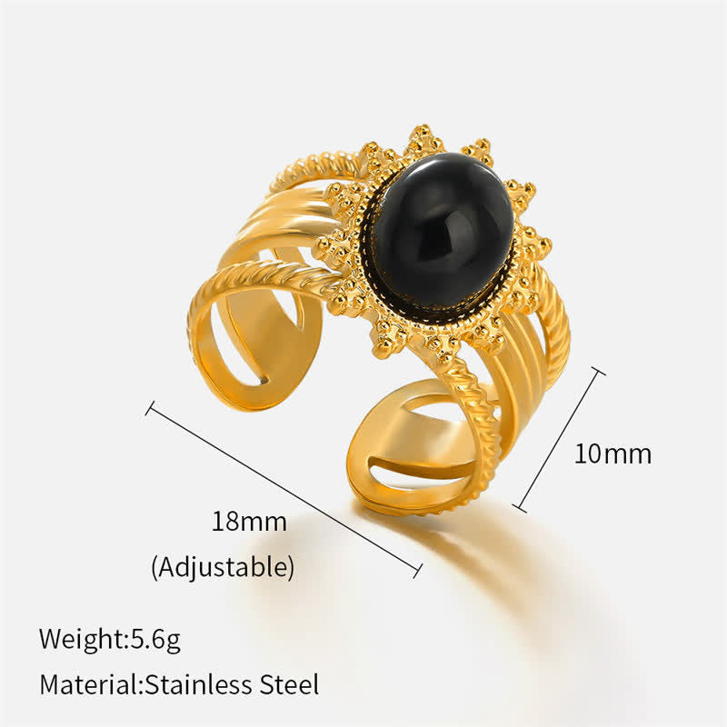 Buddha Stones 18K Gold Plated Black Obsidian Titanium Steel Strength Ring