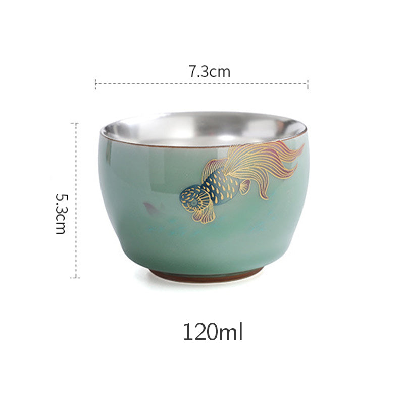 Buddha Stones 999 Sterling Silver Gilding Butterfly Goldfish Lotus Koi Fish Ceramic Teacup Kung Fu Tea Cup 120ml