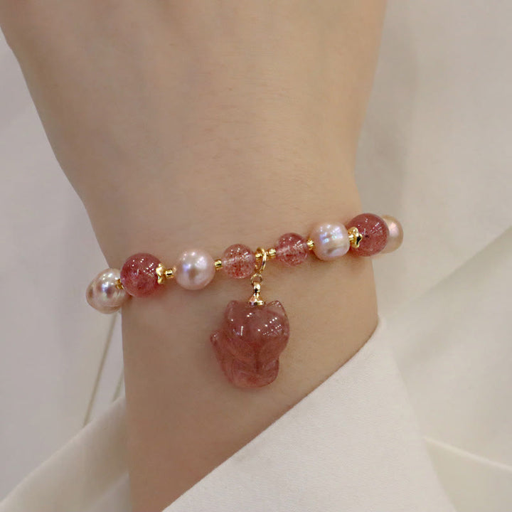 Buddha Stones Natural Pearl Strawberry Quartz Cute Fox Love Healing Charm Bracelet