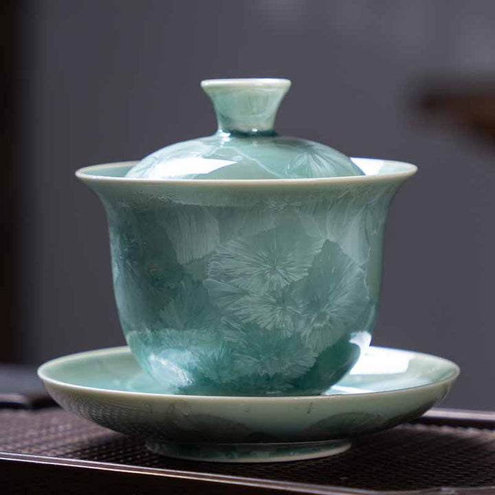 Buddha Stones Traditional Glaze Ceramic Gaiwan Sancai Teacup Kung Fu Tea Cup And Saucer With Lid 180ml