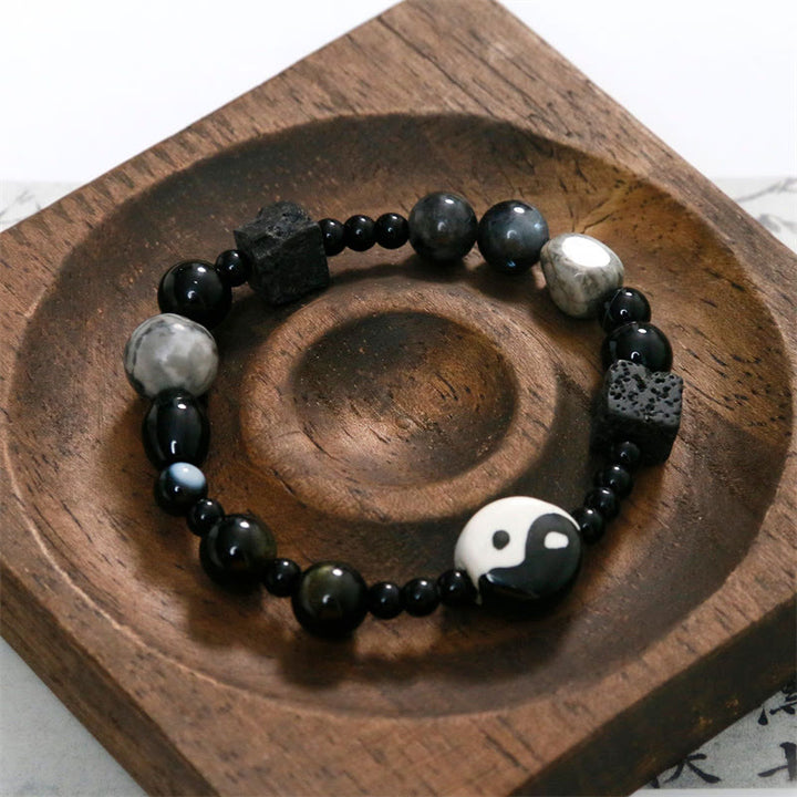 Buddha Stones Black Onyx Picasso Jasper Bead Yin Yang Fortune Protection Bracelet