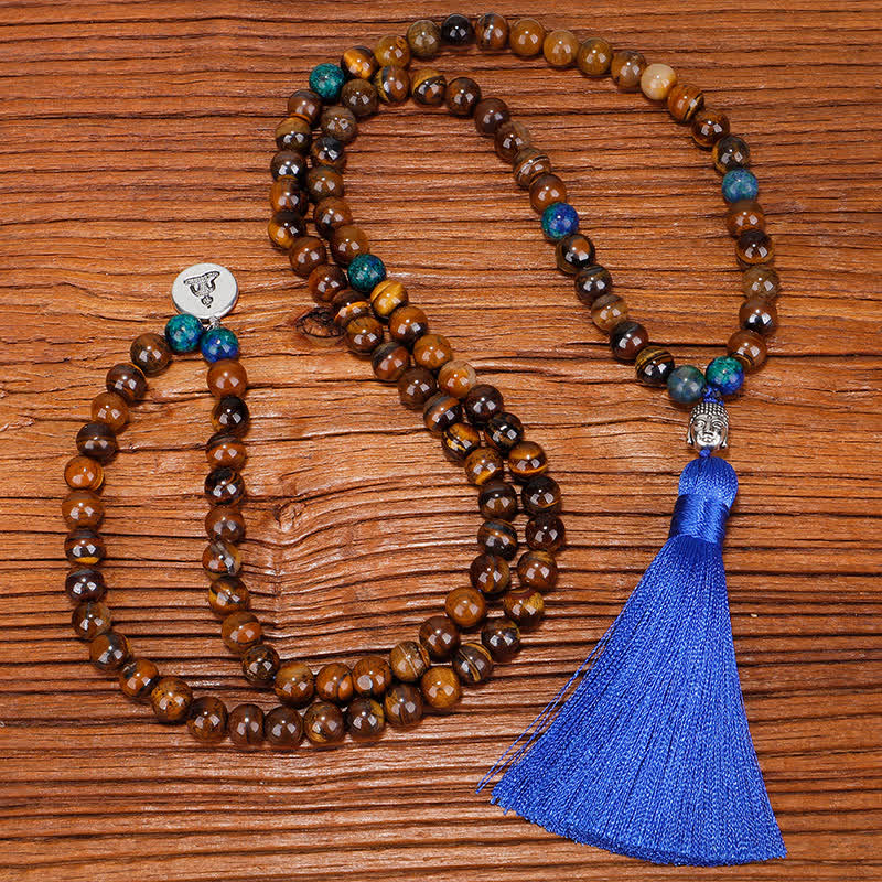 108 Mala Beads Tiger Eye Buddha Strength Bracelet Tassel Necklace Pendant