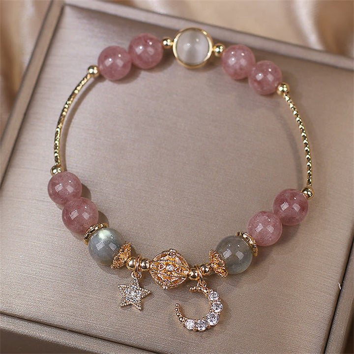 Buddha Stones Strawberry Quartz Moonstone Moon Star Love Bracelet