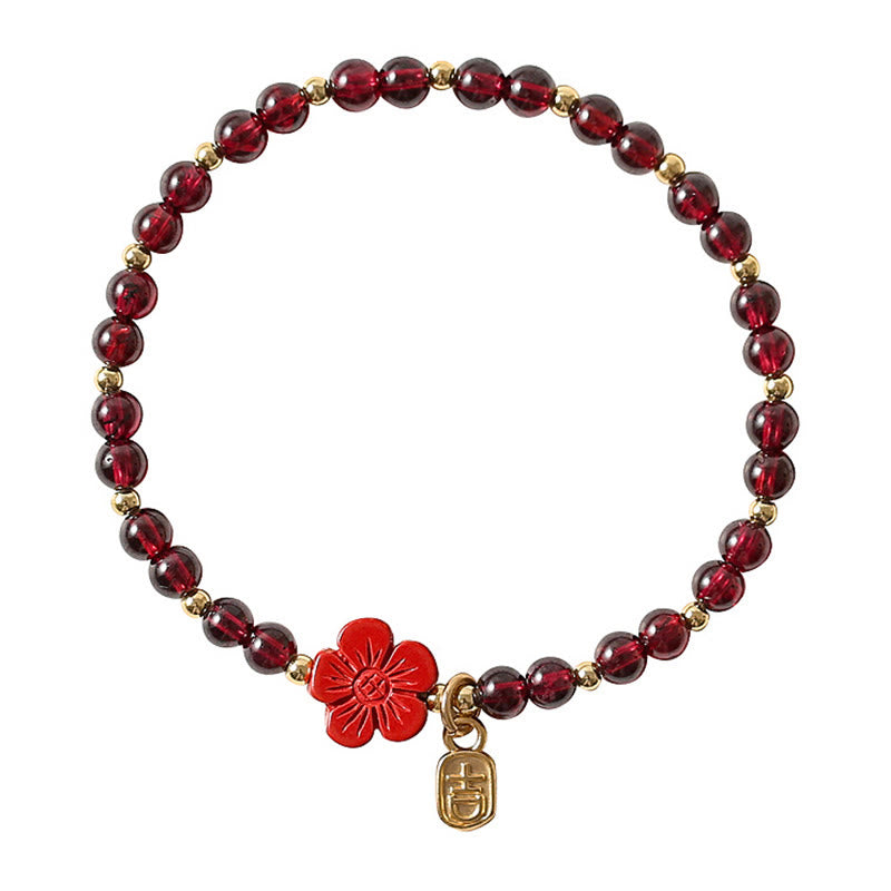 Buddha Stones 14K Gold Natural Garnet Cinnabar Flower Calm Bracelet