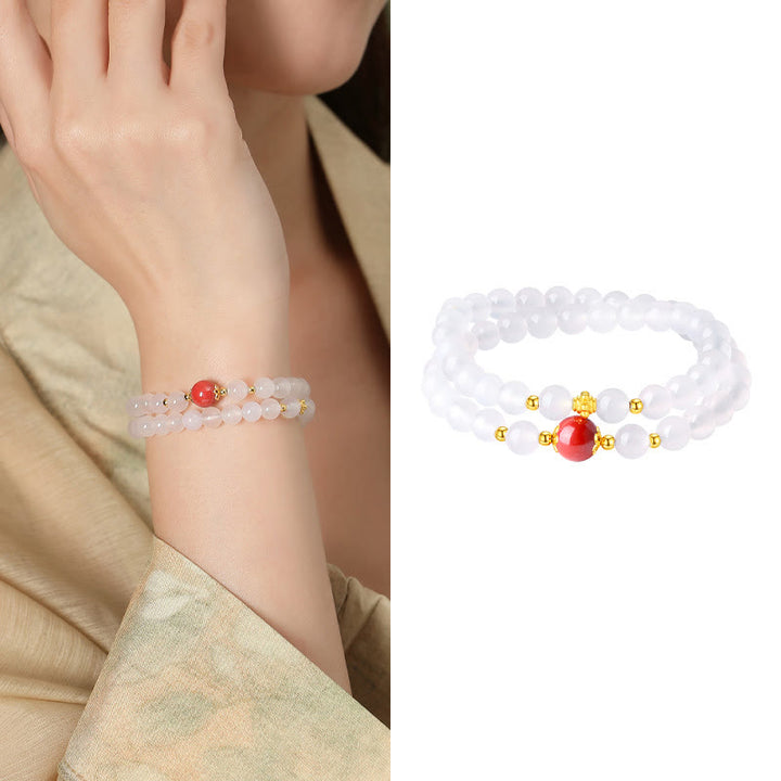 Buddha Stones 925 Sterling Silver Natural White Agate Cinnabar Double Wrap Protection Bracelet