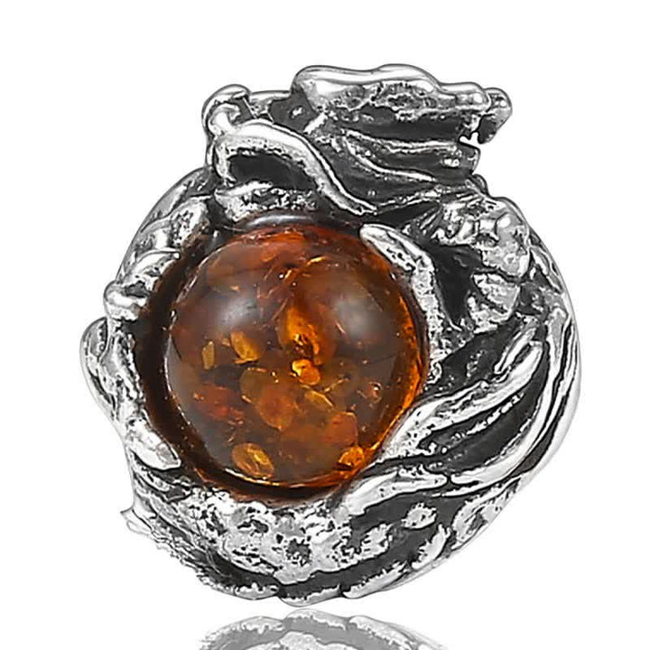 925 Sterling Silver Natural Amber Dragon Success Protection Stud Earring