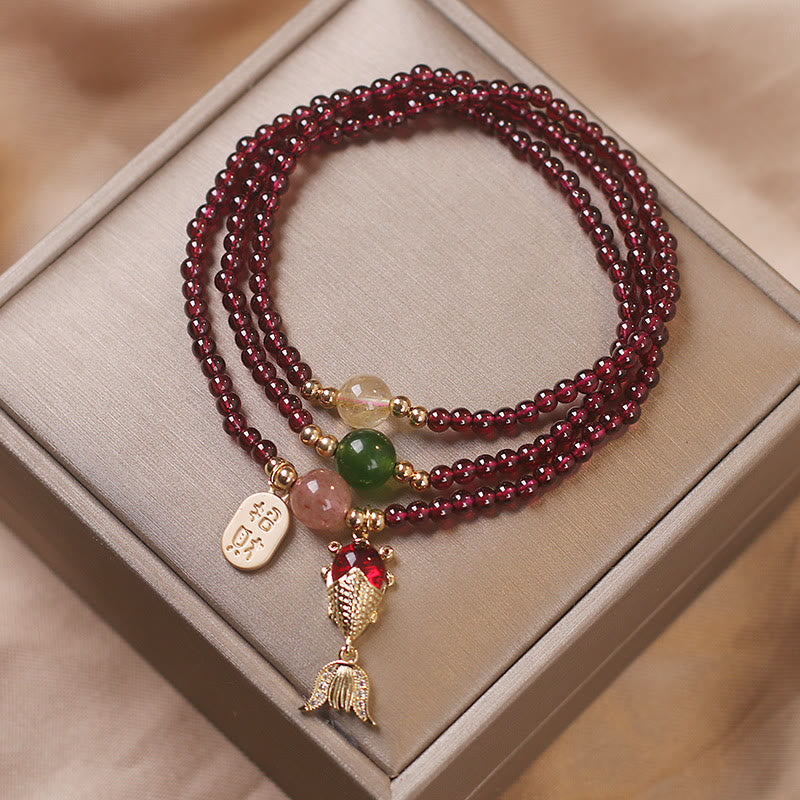 Buddha Stones Natural Garnet Strawberry Quartz Crystal Fox Koi Fish Peace Buckle Fortune Protection Triple Wrap Bracelet