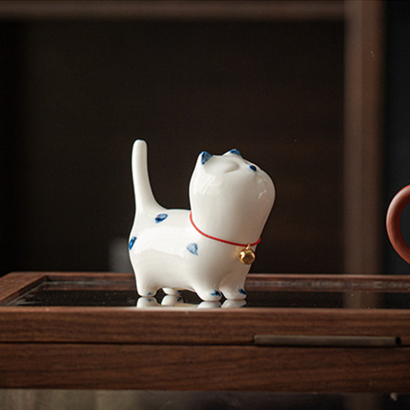 Buddha Stones Mini Lucky White Cat Kitten Tea Pet Ceramic Home Desk Figurine Decoration